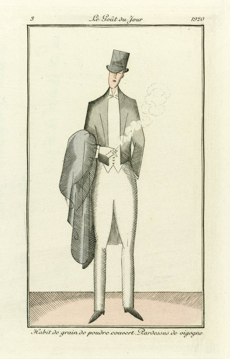 Pokryty sproszkowanym zbożem habit. Płaszcz Vicuna z Costumes Parisiens, wyd. 1912 (ręcznie kolorowana rycina) autorstwa French School