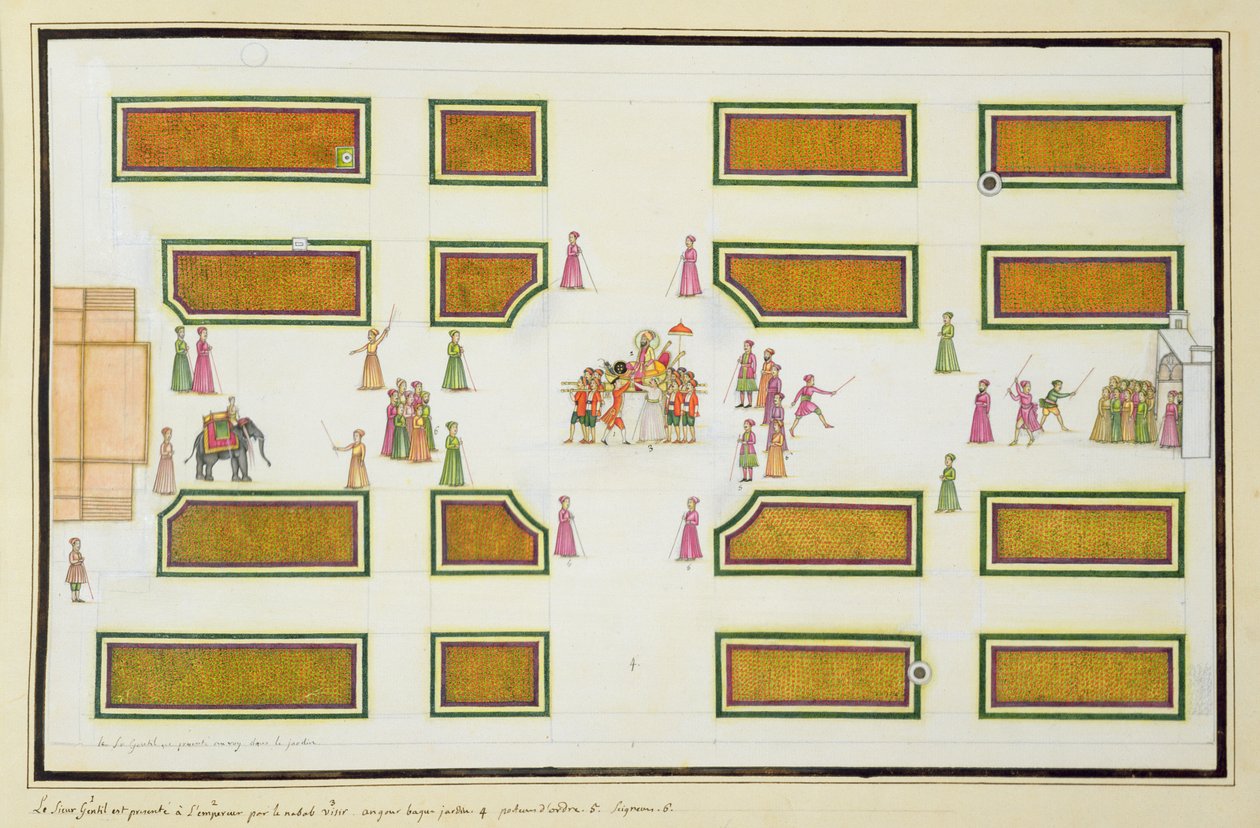 Prezentacja Gentil przez Nawab Shuja ud-Daula cesarzowi Shah Alamowi w Angur Bagh z albumu The Gentil, opublikowanego w 1774 autorstwa French School