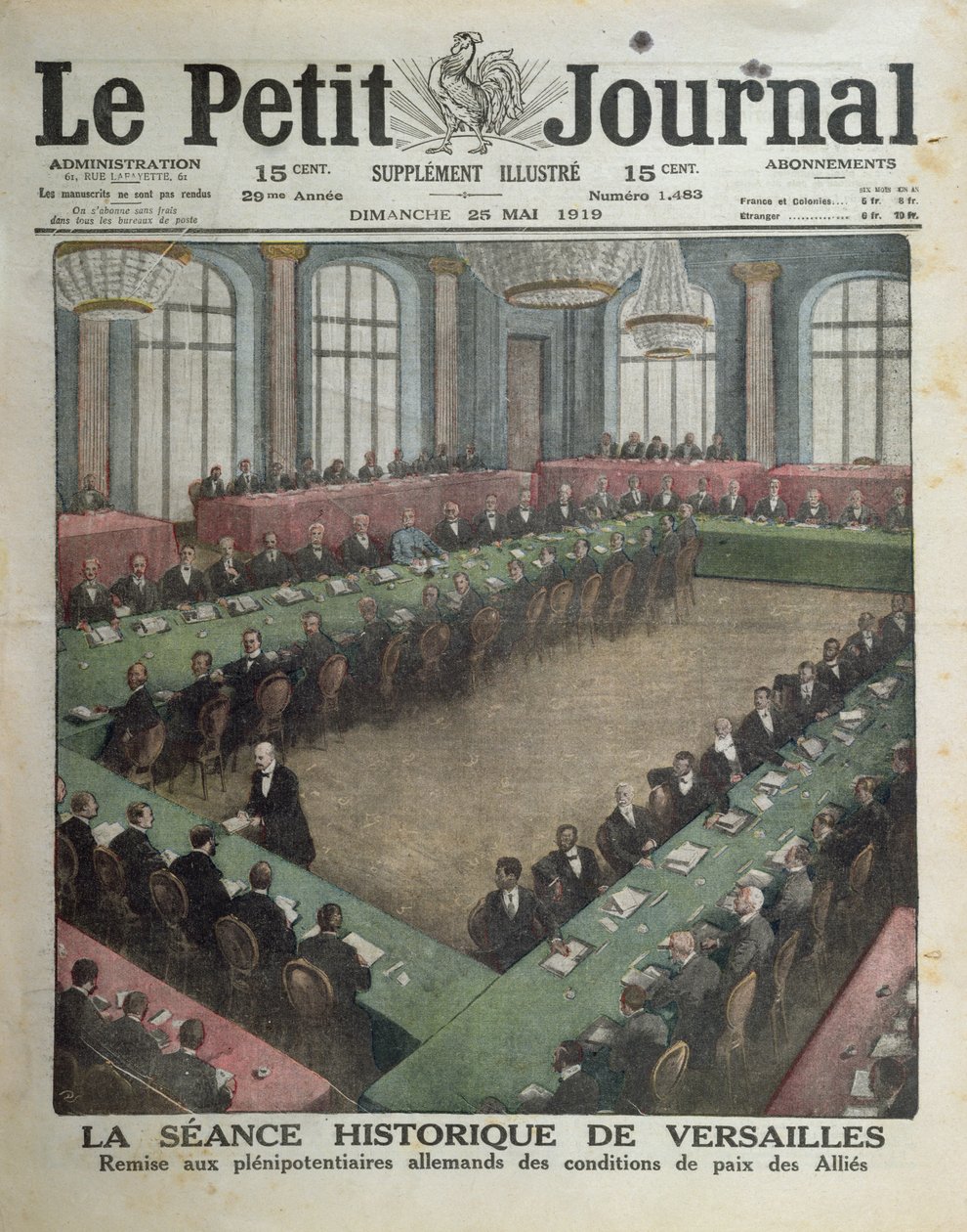 Prezentacja alianckich warunków pokojowych delegatom niemieckim 7 maja 1919 w Wersalu, okładka Le Petit Journal, 25 maja 1919 autorstwa French School