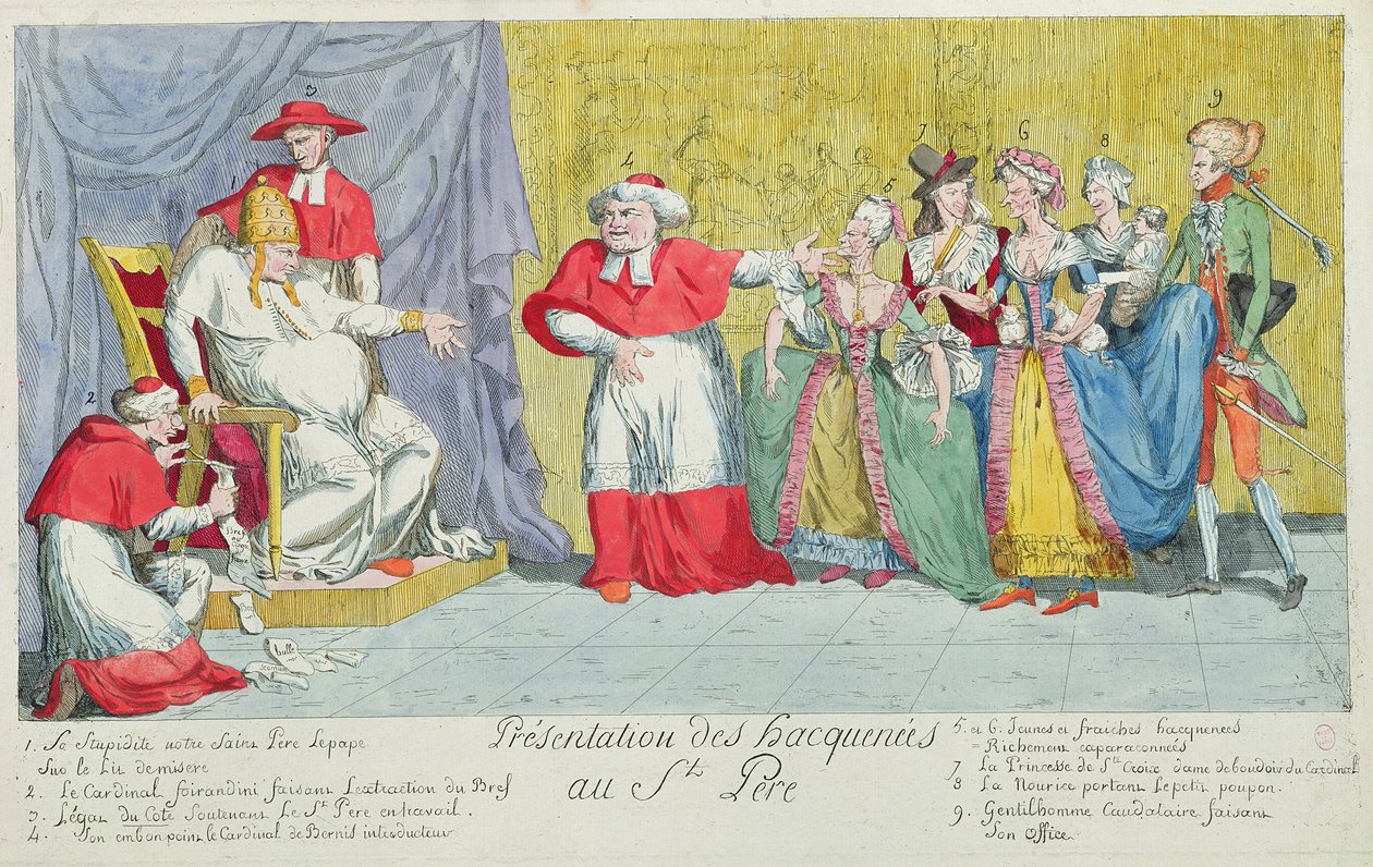 Przedstawienie klaczy Ojcu Świętemu, karykatura przedstawienia Adelajdy (1732-1800) i Victoire de France (1733-99) Papieżowi, 17 kwietnia 1791 autorstwa French School
