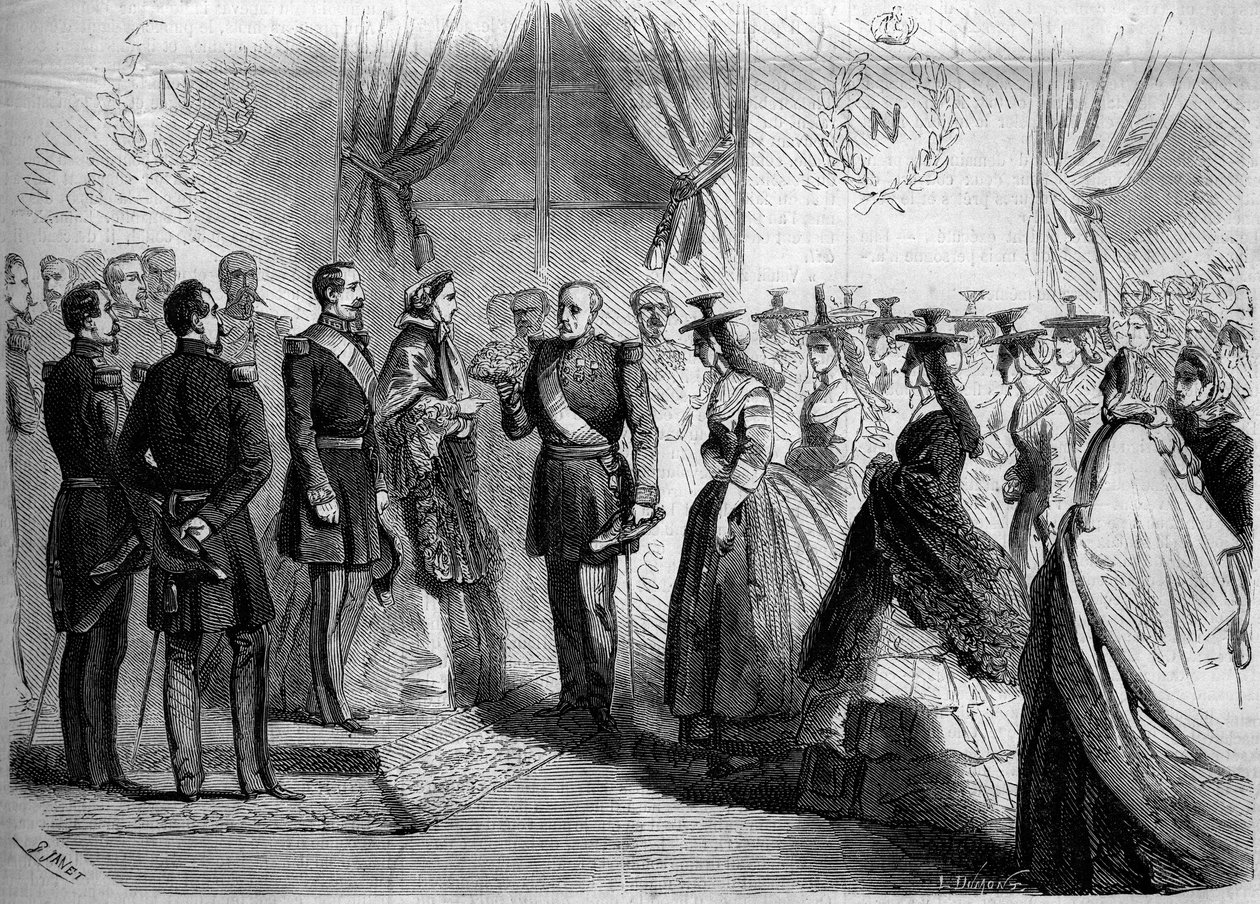 Prezentacja Napoleonowi III (1808-1873) i Impresatorowi Eugenii (1826-1920) dwunastu Maconnaises w stroju wiejskim. Macon, Saone i Loire (71) autorstwa French School