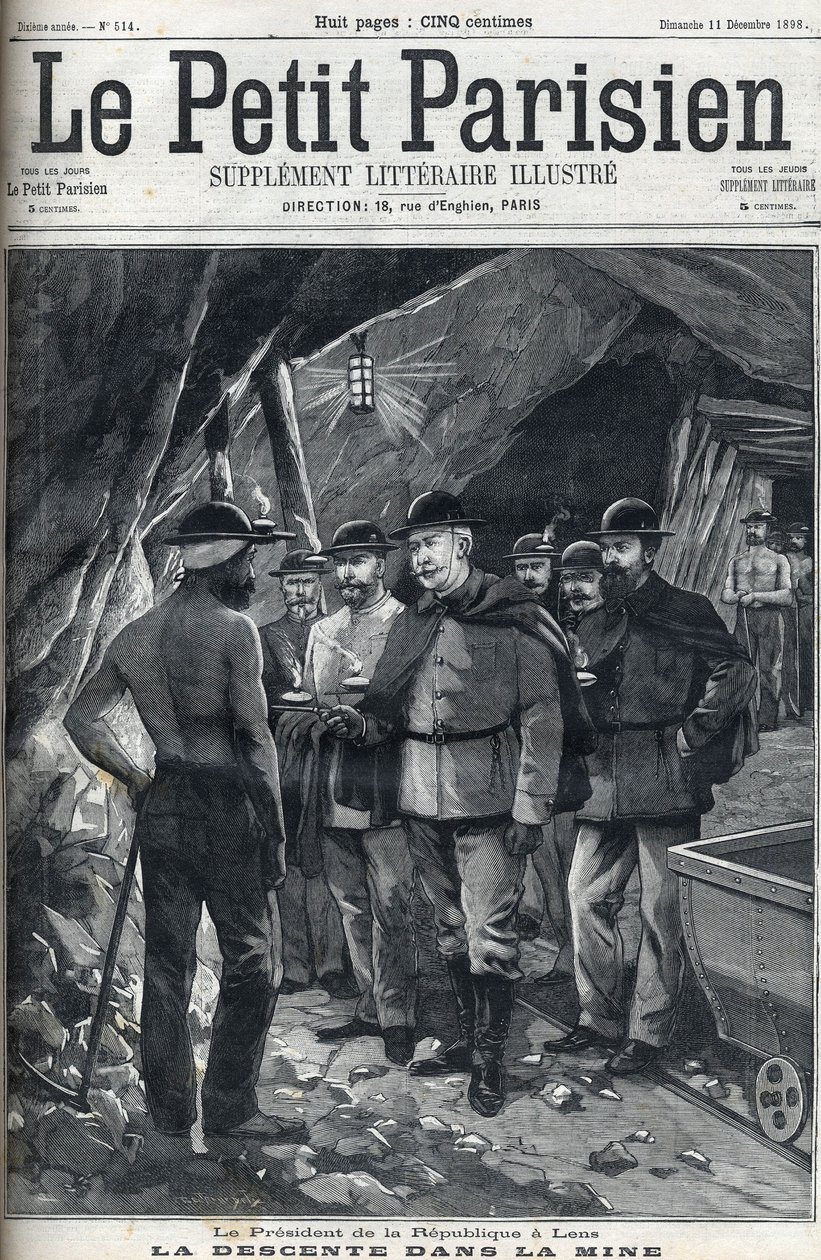 Prezydent Republiki Francuskiej Felix Faure odwiedził kopalnie Lens w grudniu 1898 r. Okładka gazety „Le petit Parisien”. autorstwa French School
