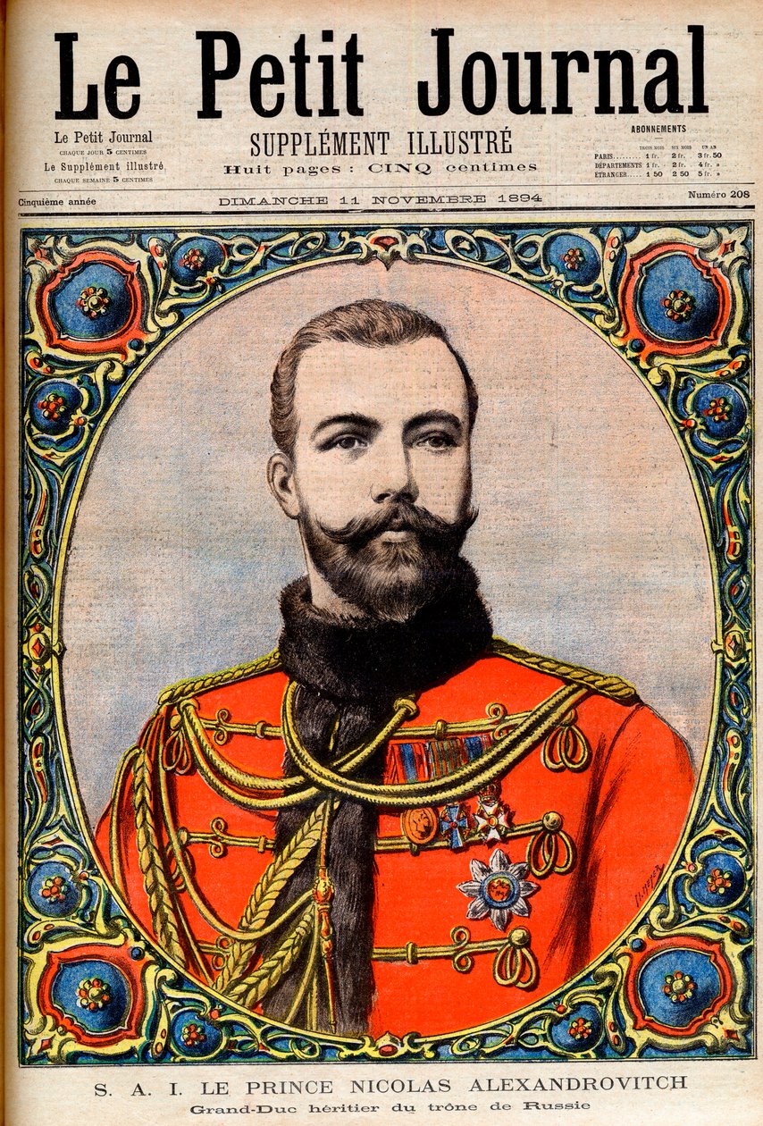 Książę Mikołaj Aleksandrowicz, następca tronu rosyjskiego (przyszły cesarz i car Mikołaj II) Książę Mikołaj Aleksandrowicz, wielki książę tronu Rosji. Ilustracja do Le Petit Journal autorstwa French School