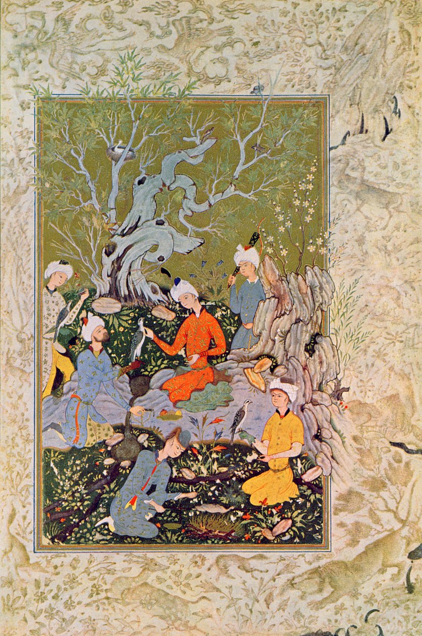 Polowanie na księcia z sokołami, ilustracja do nocy arabskich, 1895 (kolorowa grawerunek) autorstwa French School
