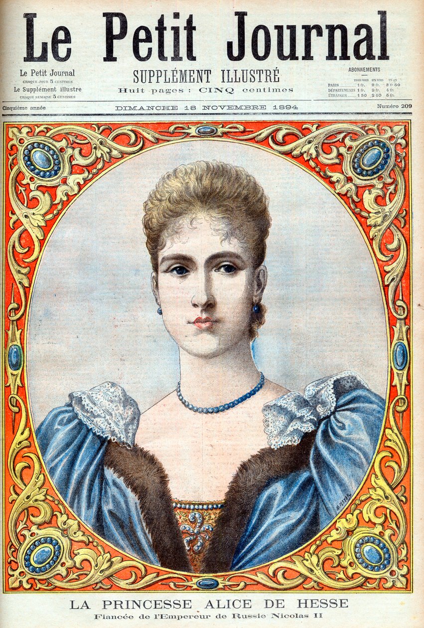 Księżniczka Alix z Hesji (Aleksandra Fiodorowna) (Aleksandra Fiodorowna Romanow) narzeczona cara Rosji Mikołaja II. Księżniczka Alicja Hesji i Renu (1872-1918). Narzeczona cesarza rosyjskiego Mikołaja II. Ilustracja do Le petit Journal autorstwa French School
