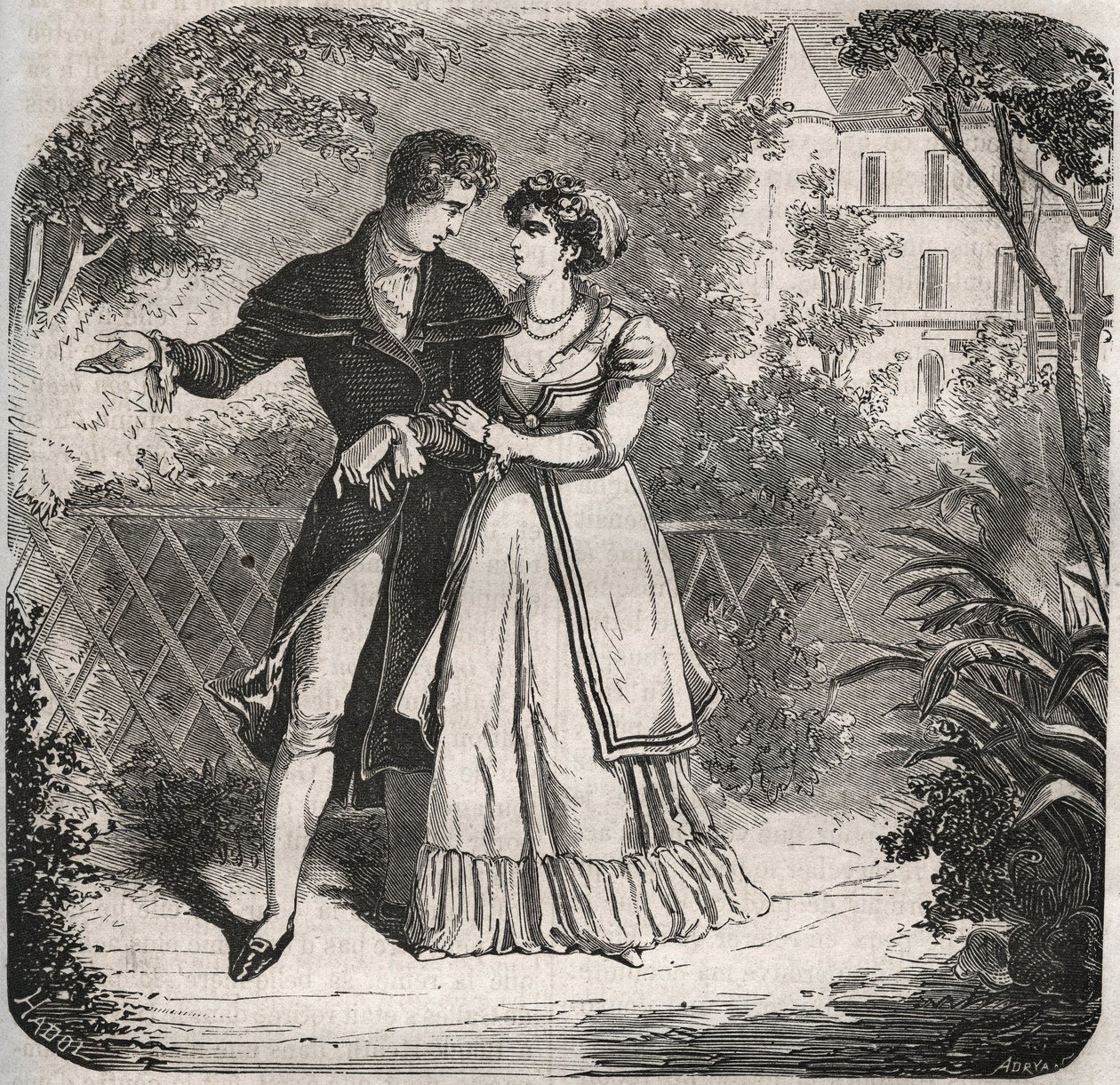 Księżna Walii Karolina z Brunszwiku (1768-1821) spacerująca ze swoim kochankiem, Bartolomeo Bergami. Grawer z 1871 r. w „Histoire Des Cocus Celebres” Henry