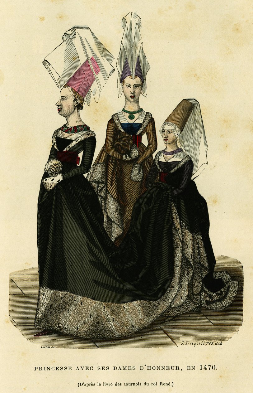 Księżniczka z damami dworu, około 1470 roku. Kolorowa rycina według księgi turniejów króla Rene, w "France et les francais a travers les siecles" Augustina Challamela, redaktora F.Roya, Paryż 1882. Kolekcja Selva. autorstwa French School