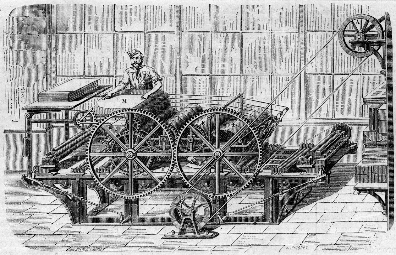 Druk gazety: prasa mechaniczna do drukowania odbitek autorstwa French School