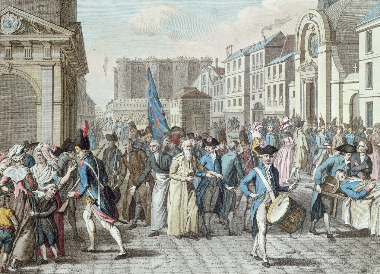 Więźniowie przy rue Saint-Antoine po zwolnieniu z Bastylii 14 lipca 1789 r. autorstwa French School