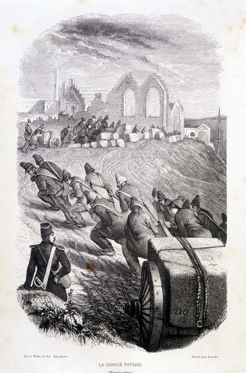 Więźniowie ciągnący bloki kamienia, „”Les Bagnes: histoire, types, moreurs, mystique”” Maurice Alhoy, wyd. Gustave Havard autorstwa French School