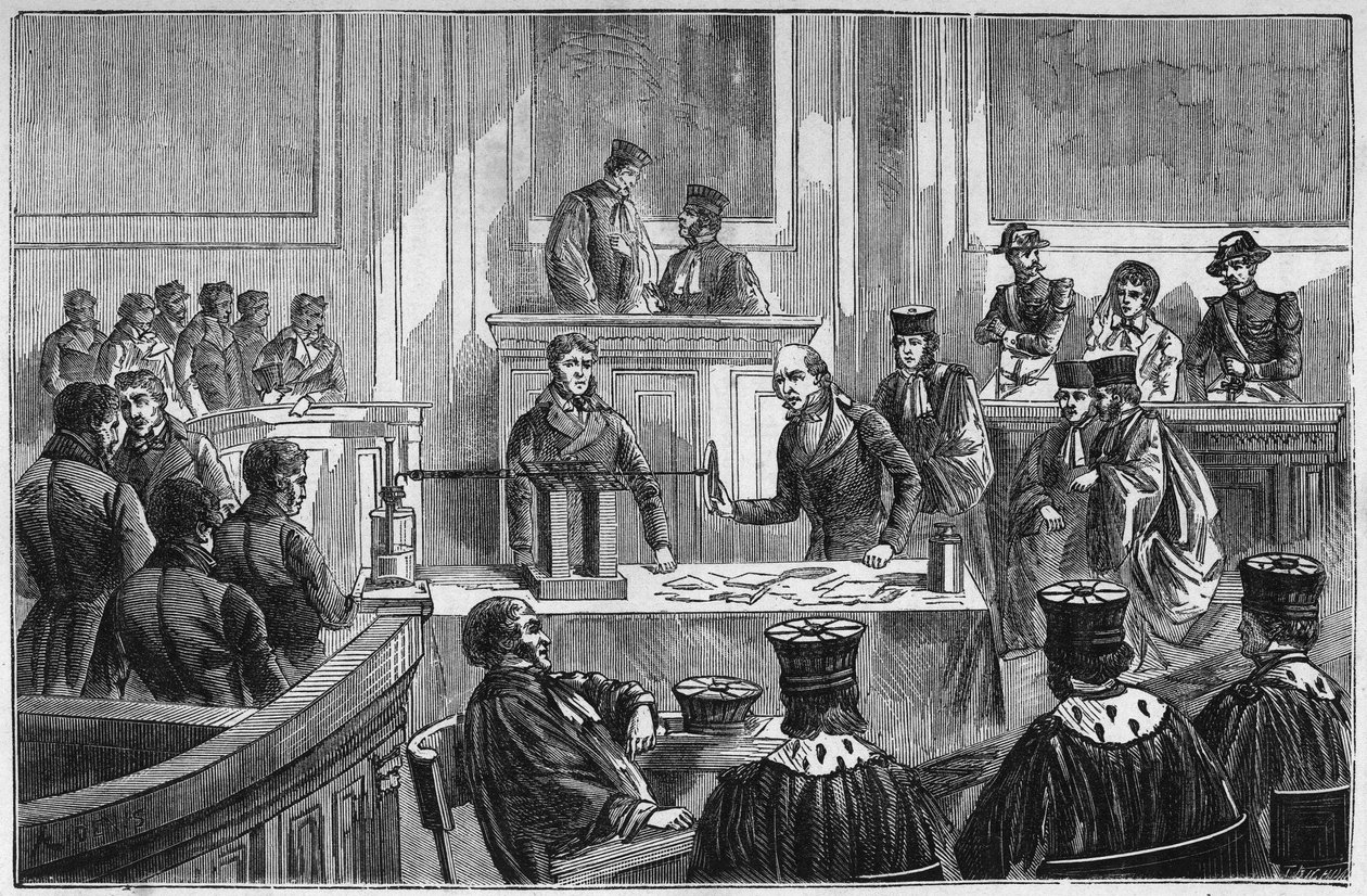 Proces autorstwa Marie Fortunee Capelle (1816-1852), znanej jako Marie Lafarge, francuskiej kryminalistki skazanej za zamordowanie jej męża w 1840 r. – Grawerowanie w „”Nauki dostępne dla wszystkich – fizyka i chemia”” Alexis Clerc – koniec XIX wieku - Pry autorstwa French School
