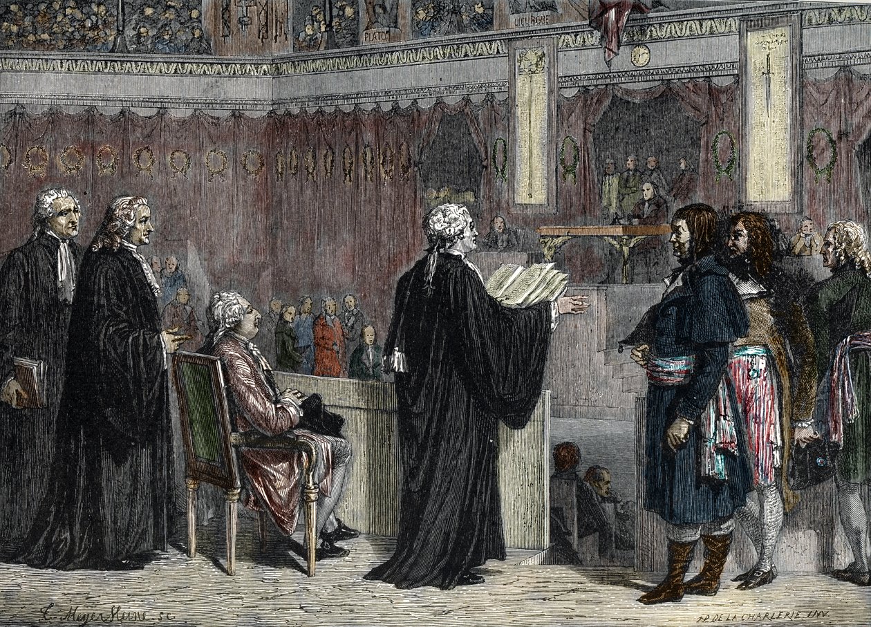Proces z Ludwika XVI: pojawienie się Ludwika XVI przed deputowanymi Zjazdu Narodowego (kolor grawerunek) autorstwa French School