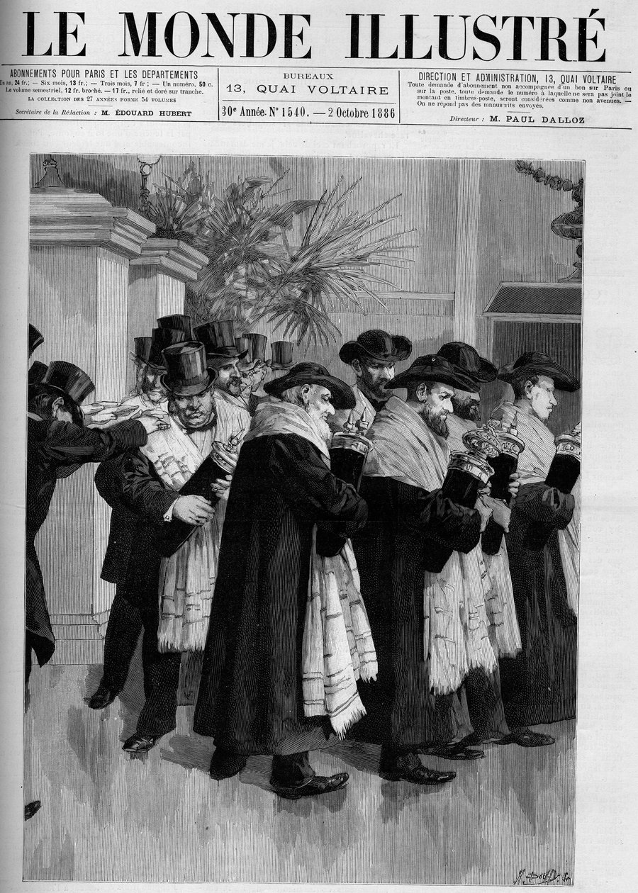 Procesja na inaugurację nowej izraelskiej świątyni w Wersalu. Grawer w „Wspaniałym świecie” 1886. autorstwa French School