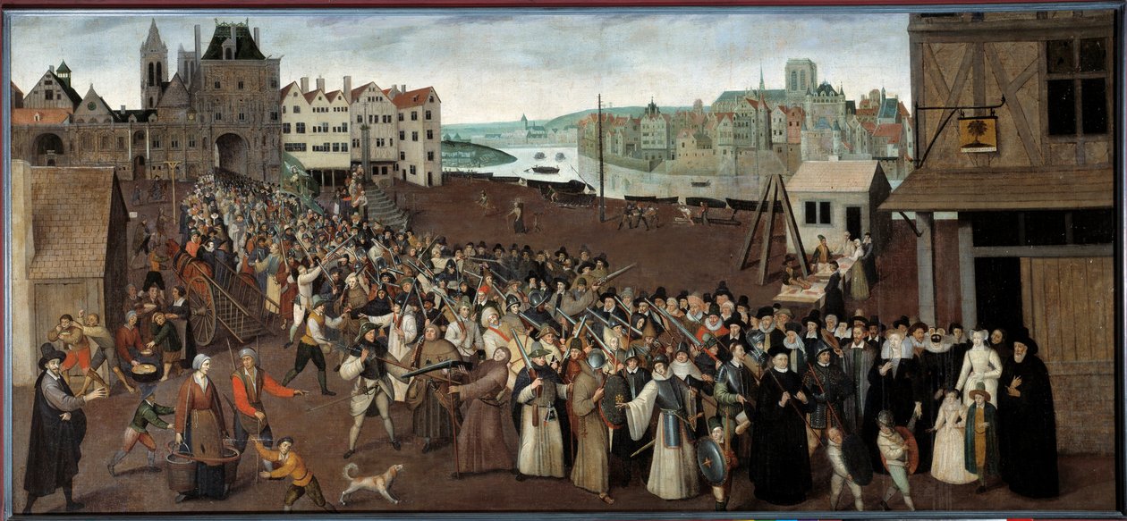 Procesja Ligi na Place de Greve opuszczająca Arkadę św. Jana w Paryżu Obraz Ecole francaise. 1590 niedz. 1x2,12 m Paryż, Musee Carnavalet - Procesja Ligi na Place de Greve opuszczająca Arcade St. Jean w Paryżu. Malowanie autorstwa French School