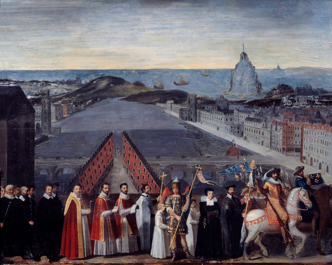Procesja z paryskim dżemem pielgrzymów św. Michała du Mont na obrazie Pont Neuf Anonymous. XVII wiek. Wymiary 0,80 x 1,05 m Paryż, Muzeum Carnavalet autorstwa French School