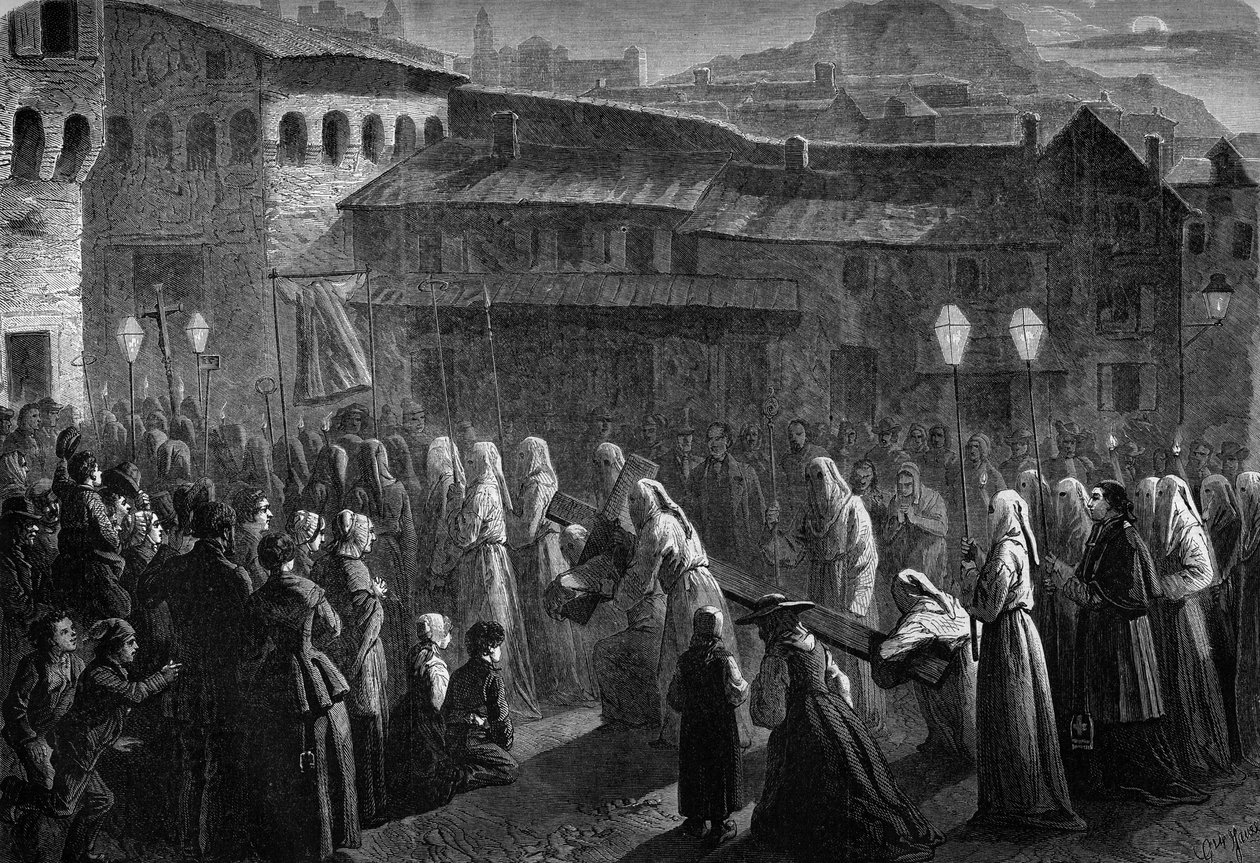 Procesja pokutników z Confalais, dżem religijny południa Francji w Puy en Velay, Haute Loire (43) autorstwa French School