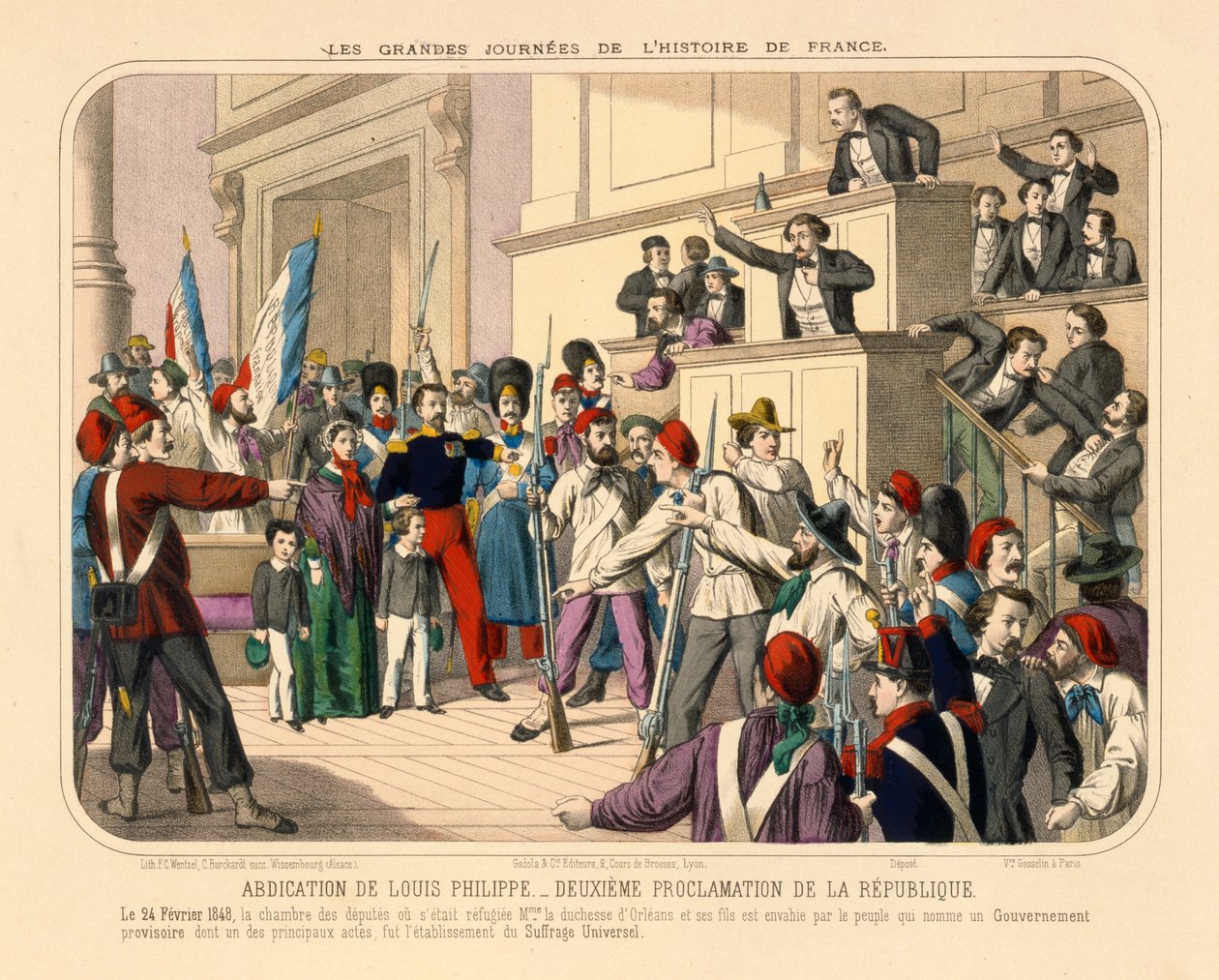 Proklamacja II Republiki Francuskiej podczas rewolucji lutowej, 24 lutego 1848, gazeta wydana przez Gadola, Lyon, 1848 autorstwa French School