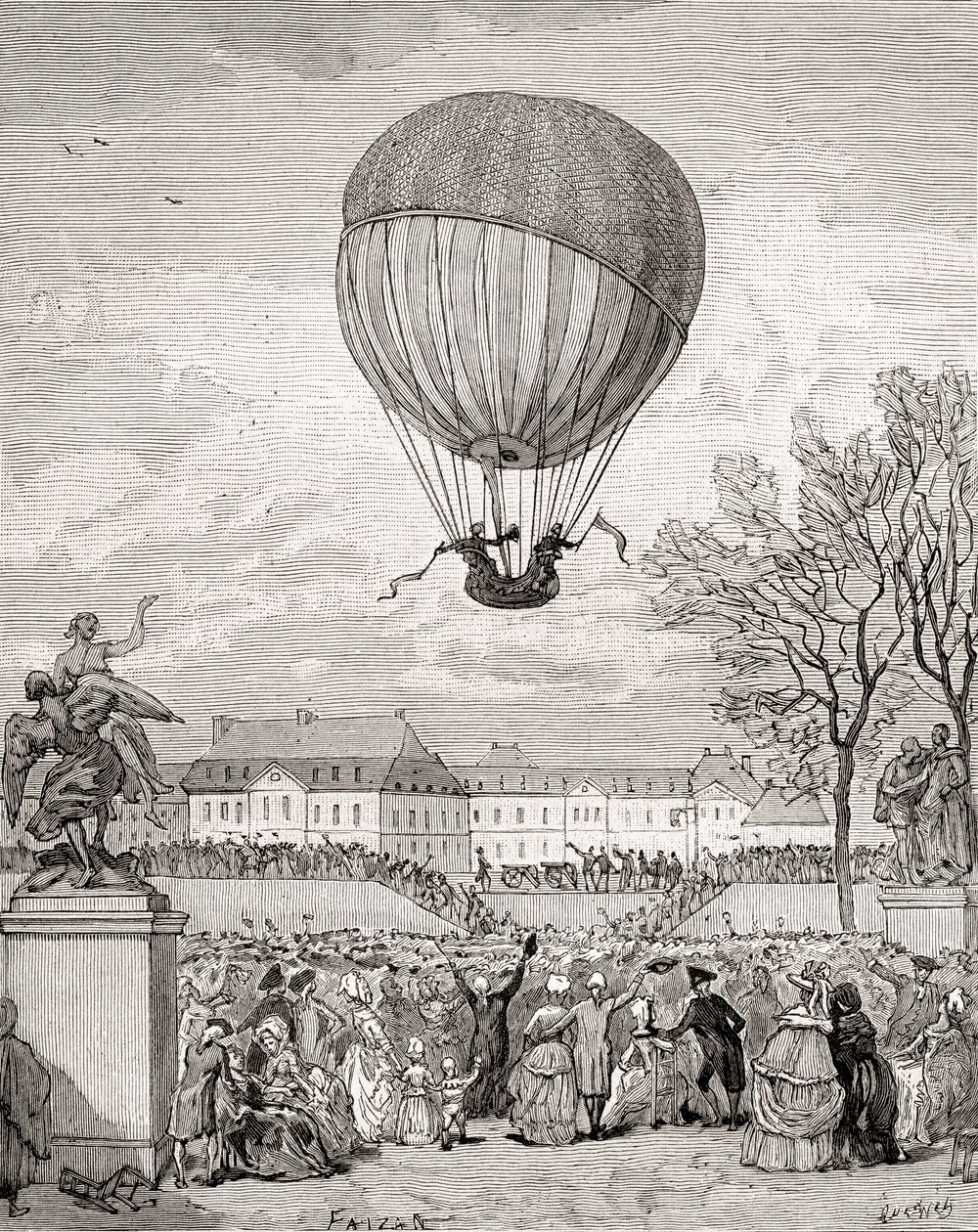 Profesor Jacques Charles i Nicolas-Louis Robert latają pierwszym na świecie załogowym balonem wodorowym 1 grudnia 1783 r. w Ogrodach Tuilleries w Paryżu, z „Histoire de France”, opublikowanej ok. 1880 r. (rycina) autorstwa French School