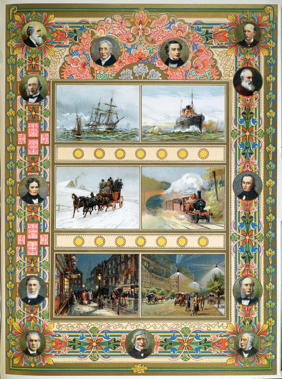 Postęp w okresie panowania królowej Wiktorii (1819-1901). Żaglowce, statki parowe, pociągi parowe oraz gazowe i elektryczne oświetlenie uliczne, 1887 autorstwa French School