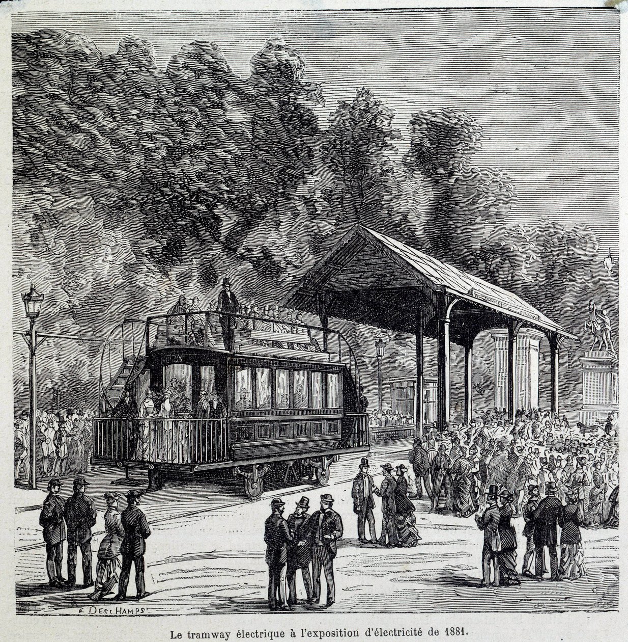 Postęp w transporcie: tramwaj elektryczny wystawił elektryczność w 1881 roku. Rycina XIX wieku autorstwa French School