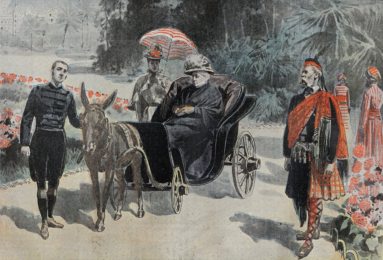 Promenade de Victoria I (1837-1901) Królowej Anglii, w parku Hotelu Cimiez niedaleko Nicei. Grawerowanie w „”Le Pelerin”” 26.03.1899. autorstwa French School