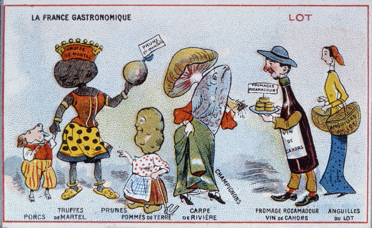 Karta promocyjno-edukacyjna przedstawiająca specjały kulinarne regionu Lot, ok.1910 r. autorstwa French School