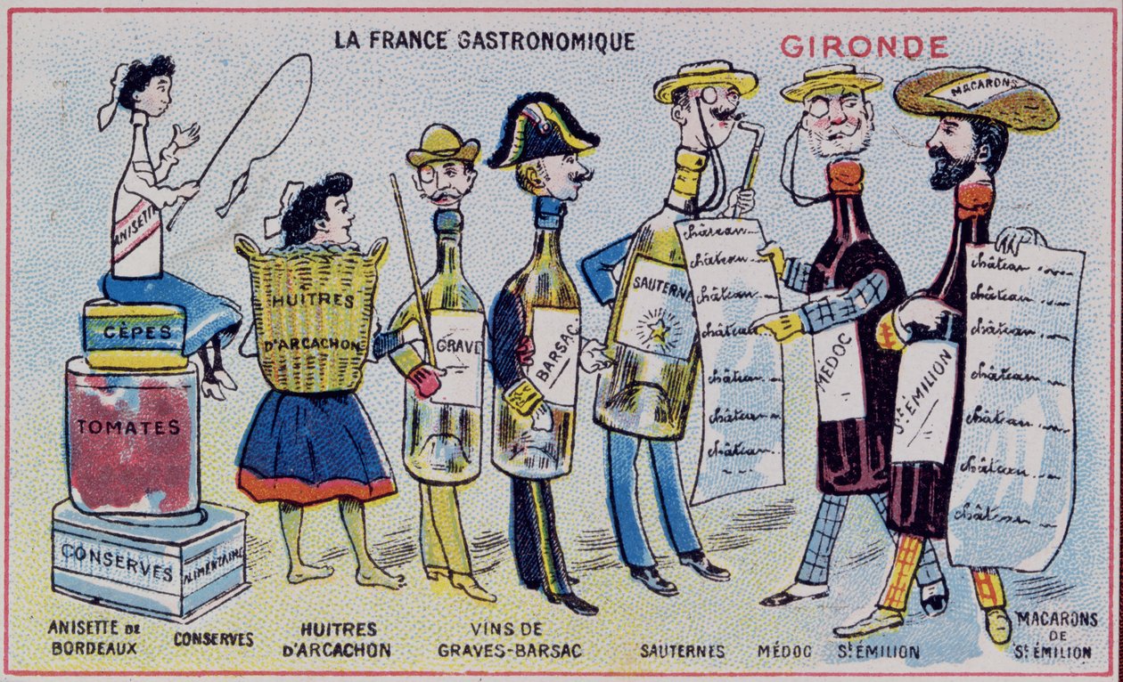 Karta promocyjno-edukacyjna dla dzieci przedstawiająca specjały kulinarne regionu Gironde. ok. 1910 autorstwa French School