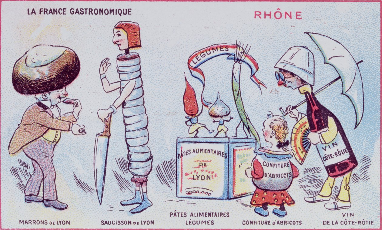 Karta promocyjno-edukacyjna dla dzieci specjalności kulinarnych regionu Rodanu, ok.1900 autorstwa French School