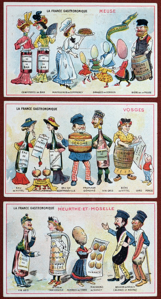 Karty promocyjne i edukacyjne dla dzieci przedstawiające specjały kulinarne regionu Lotaryngii, ok.1910 r. autorstwa French School