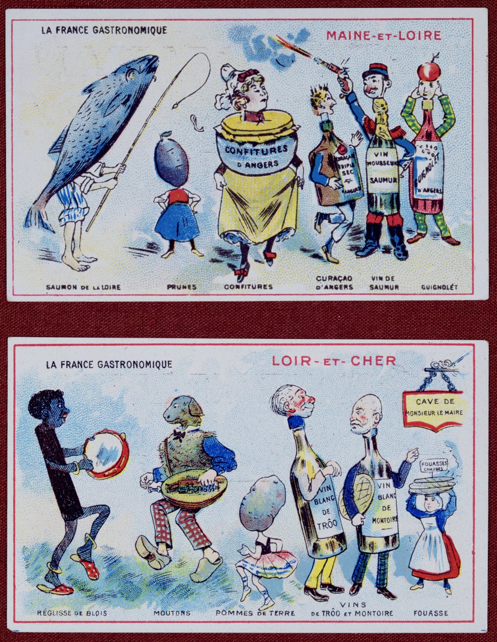 Karty promocyjne i edukacyjne dla dzieci przedstawiające specjały kulinarne regionów Maine-et-Loire i Loir-et-Cher, ok. 1910 autorstwa French School