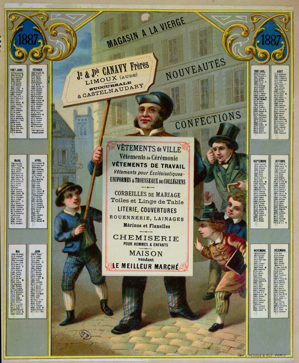 Kalendarz promocyjny na rok 1887 reklamujący krawców i pasmanterię Canavy Freres, ok. 1886 r. autorstwa French School