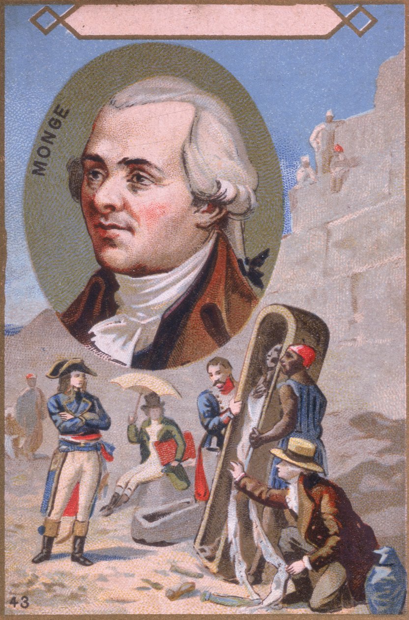 Karta promocyjna przedstawiająca Gasparda Monge (1746-1818) przedstawiającego mumię Napoleonowi Bonaparte (1769-1821) podczas kampanii egipskiej, koniec XIX w. autorstwa French School