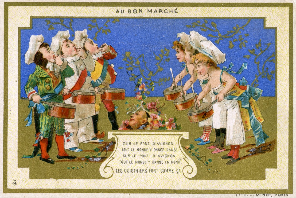 Karta promocyjna paryskiego domu towarowego Au Bon Marché, przedstawiająca kucharzy tańczących na moście w Awinionie, ok. 1895 autorstwa French School
