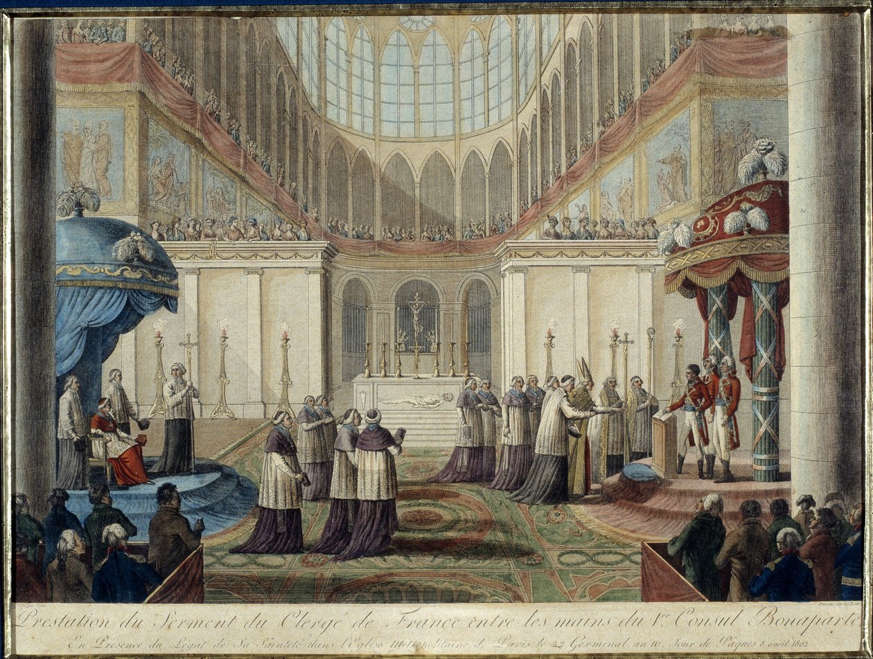 Promulgowanie konkordatu z 1801 r.: zaprzysiężone przez duchowieństwo francuskie na ręce I Konsula Bonaparte, w obecności legata Jego Świątobliwości w Metropolitan Church w Paryżu, 22 germinalnego 10 roku, Wielkanoc 8 kwietnia 1802 r. autorstwa French School