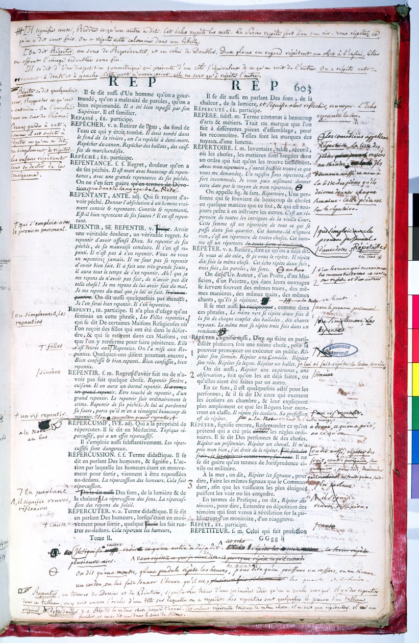 Strona korygująca z poprawkami edycji słownika Akademii Francuskiej (tusz na papierze) (patrz także 179945) autorstwa French School