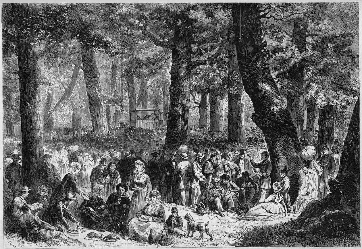 Zwyczaj protestancki: „Zendingsfeest” lub festiwal misji odbywający się w Holandii. Peleryny jedzą podczas mowy predyktora. Grawer w „”Le Monde Illustré””n°853 z dnia 16 sierpnia 1873 r. autorstwa French School