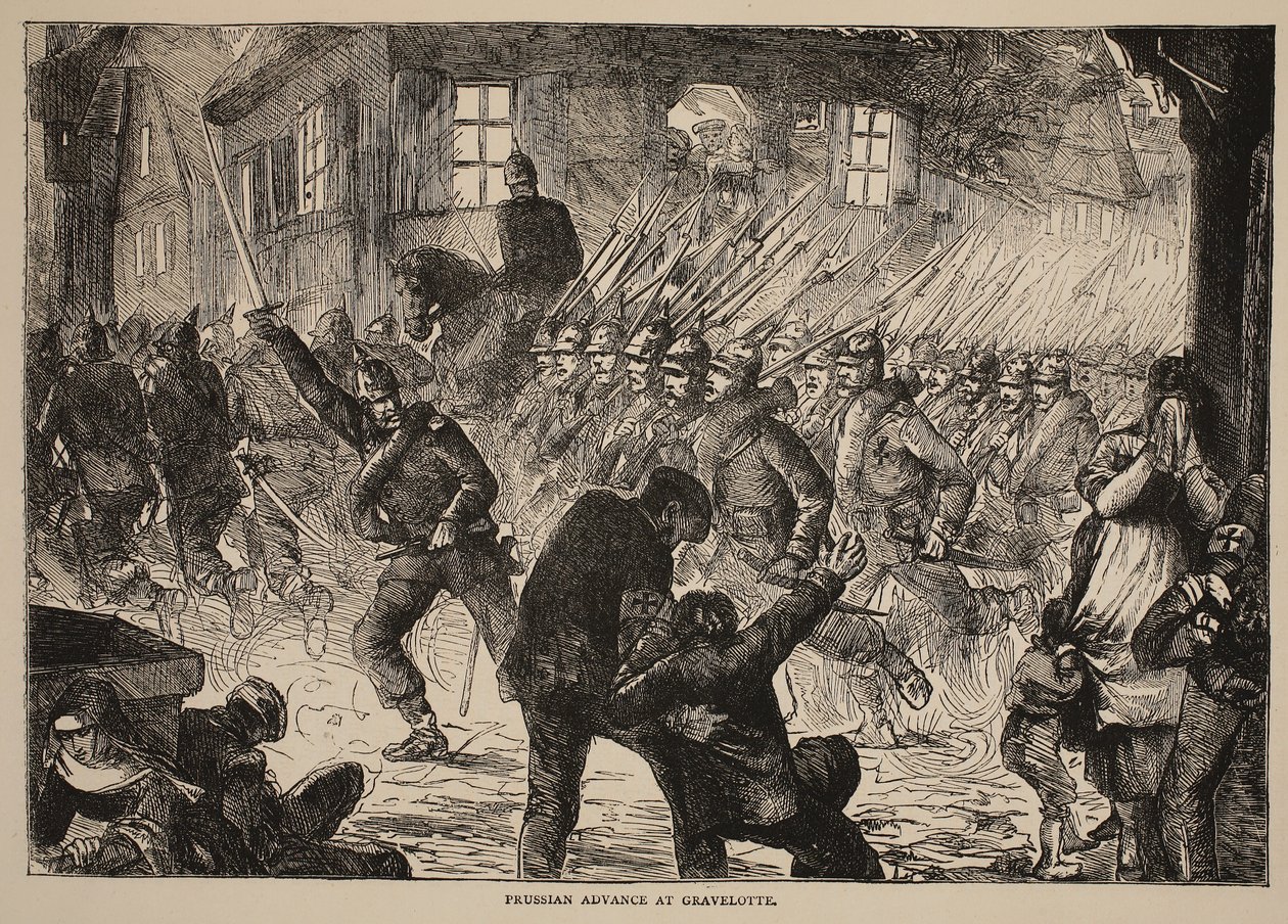 Natarcie pruskie na Gravelotte, ilustracja z Historii wojny Cassells między Francją a Niemcami, 1870-1871 autorstwa French School