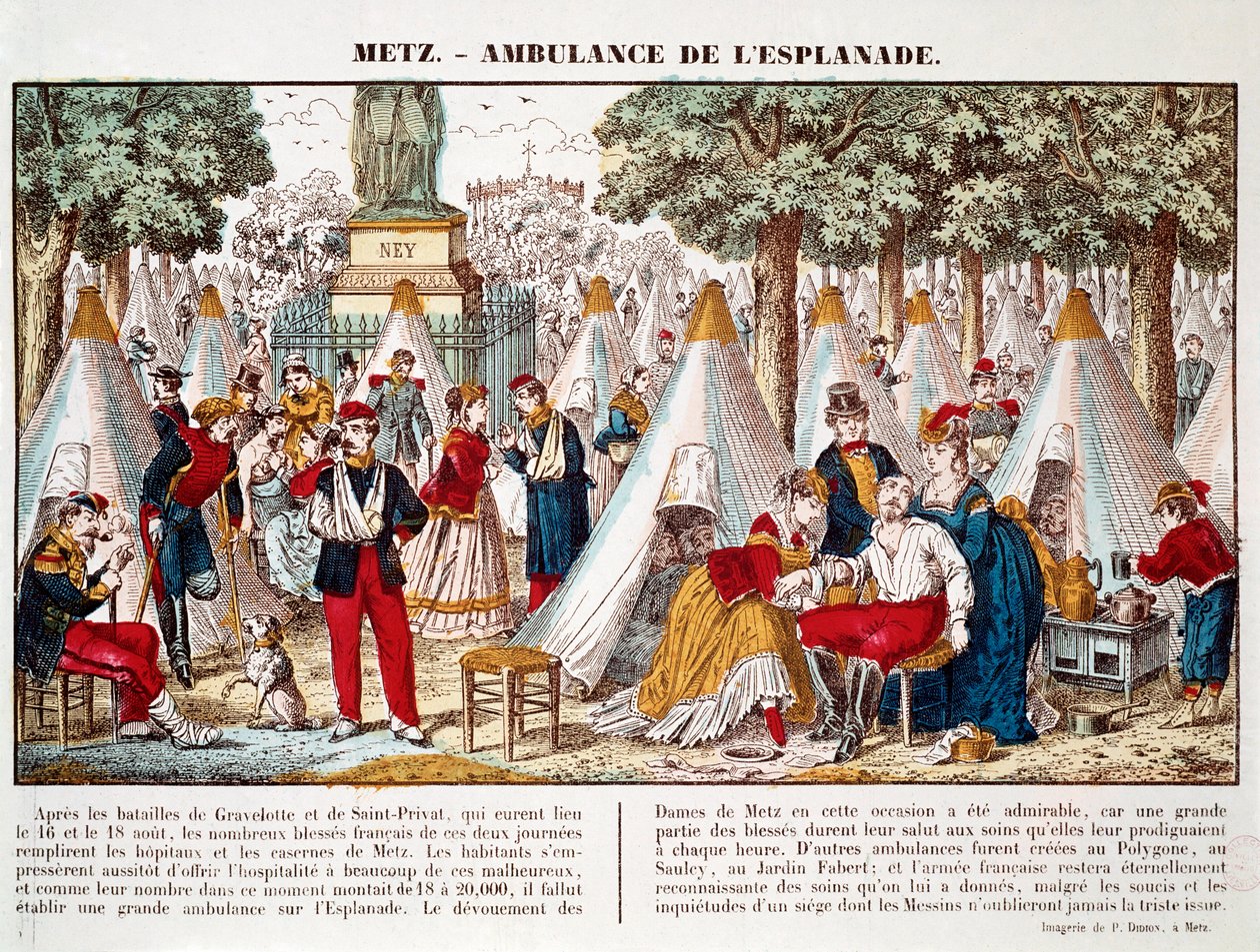 Wojna pruska: karetka pogotowia zainstalowana na esplanadzie do leczenia rannych w 1870 r. w Metz (rycina) autorstwa French School