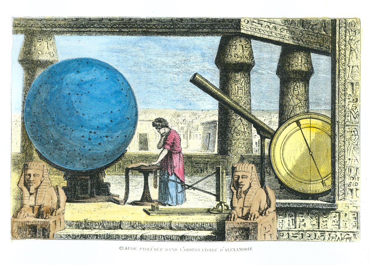 Ptolemeusz (ok. 90-168) (Klaudiusz Ptolemeusz) w Obserwatorium w Aleksandrii, z La Vie des Savants Illustres Louisa Figuiera (późniejsza kolorystyka) autorstwa French School