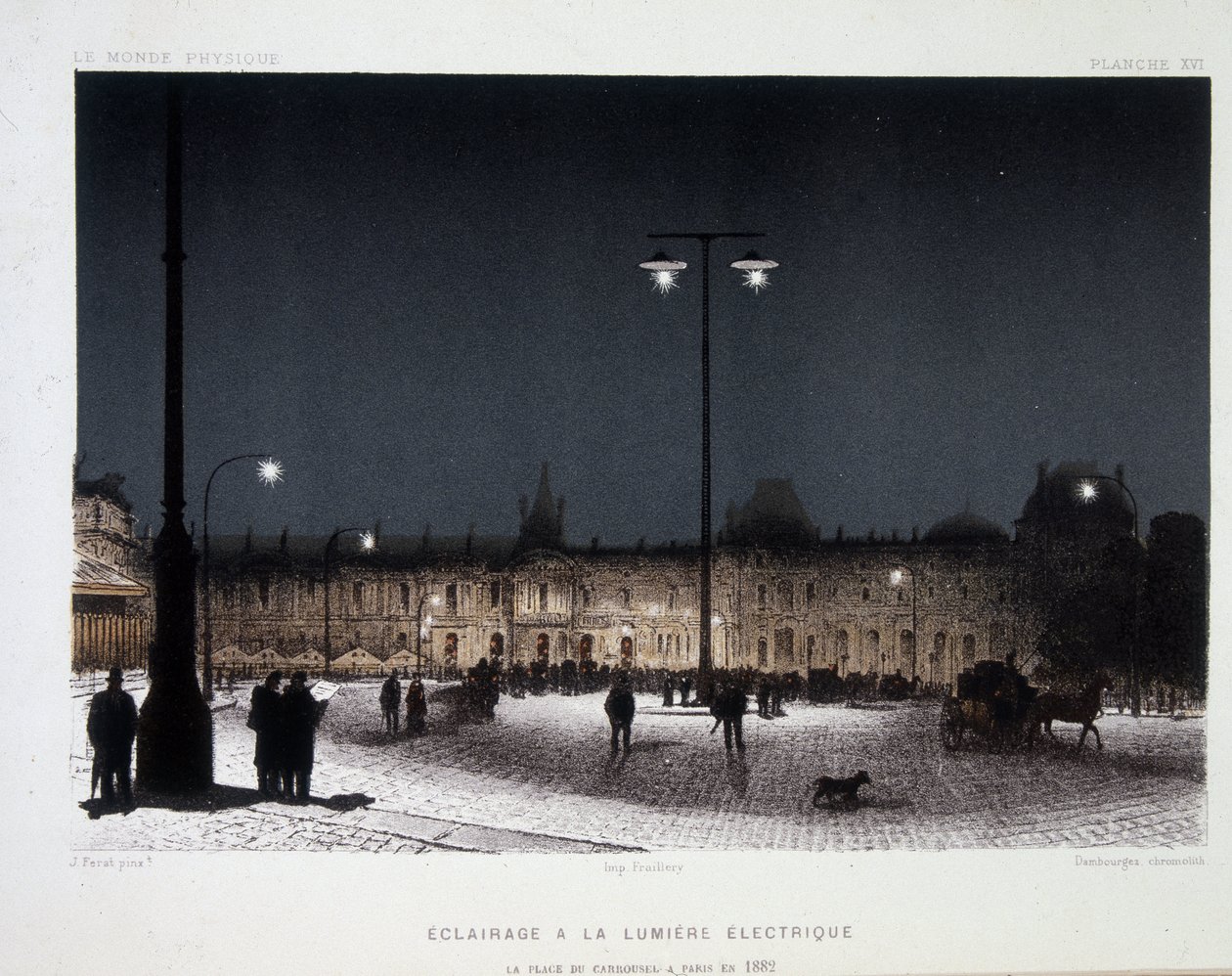 Oświetlenie publiczne ze światłem elektrycznym na place du carrousel w Paryżu 1883 - w „Magnetyzmie i elektryczności” Amedee Guillemin autorstwa French School