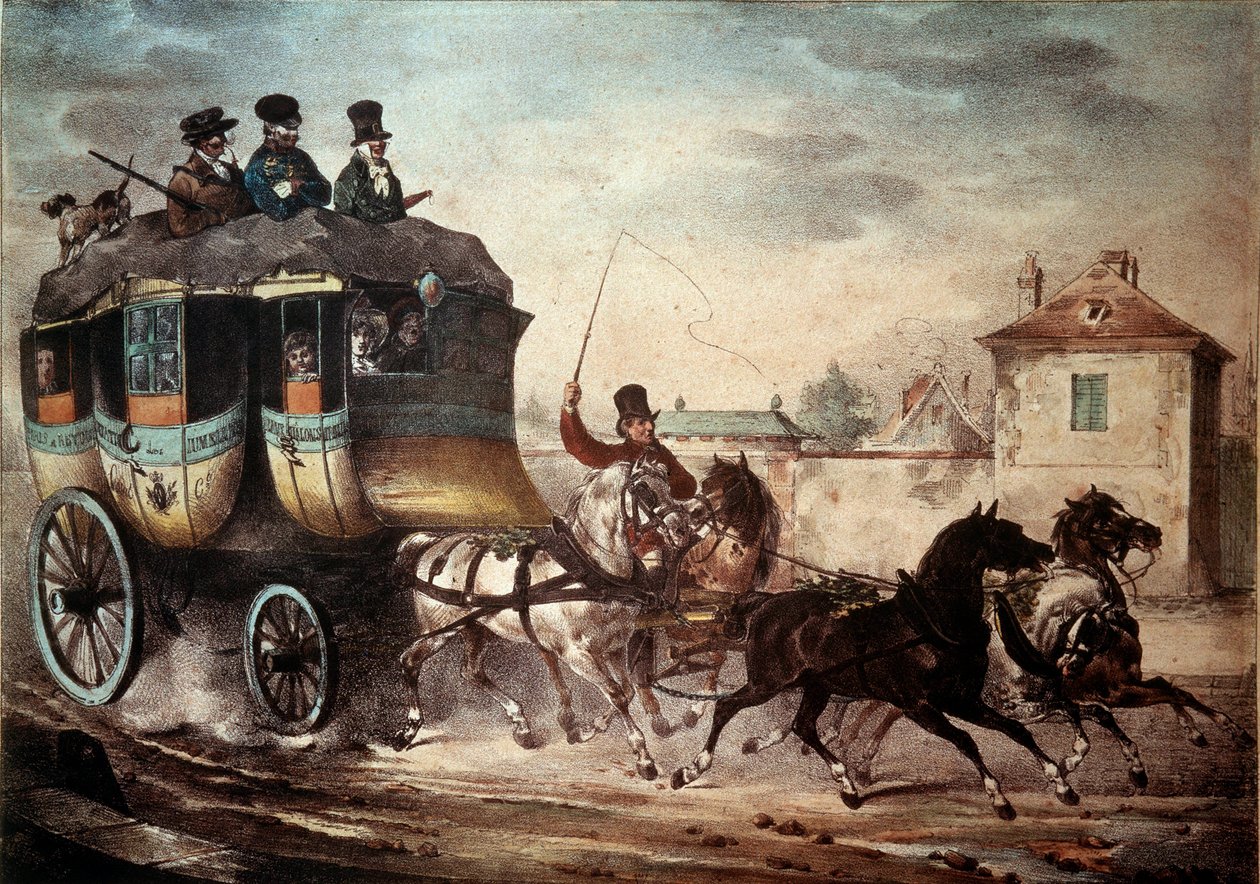 Transport publiczny: Sprawdzenie linii między Paryżem a Meaux. Ilustracja złoczyńcy z 1824 r. Compiegne, Muzeum Zamkowe autorstwa French School