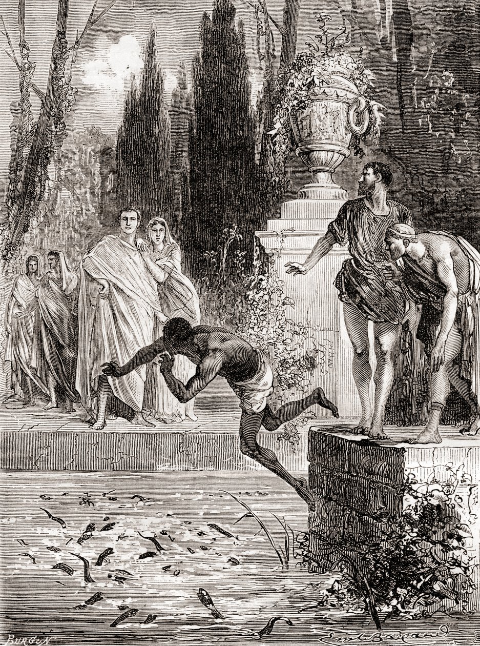 Publius Vedius Pollio, rzymski konny, karmiący niewolnika swoim minogiem, z Les Merveilles de la Science, opublikowany ok. 1870 autorstwa French School