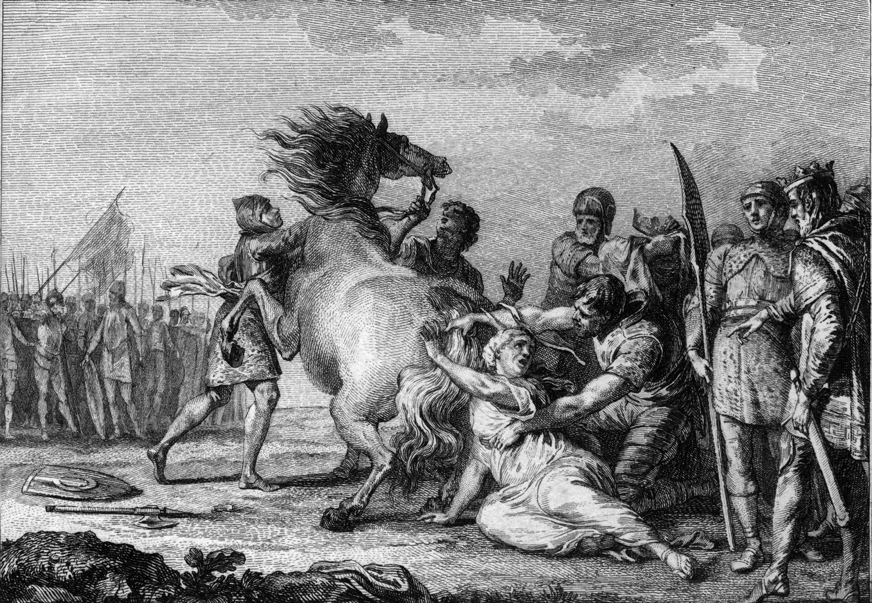 Kara Brunehauta, 613: Brunehaut lub Brunehilda (543-613), królowa Austrazji, zostaje przyczepiona do ogona niezłomnego konia, zanim zostanie wciągnięta na ziemię. Rycina z XVIII wieku. autorstwa French School