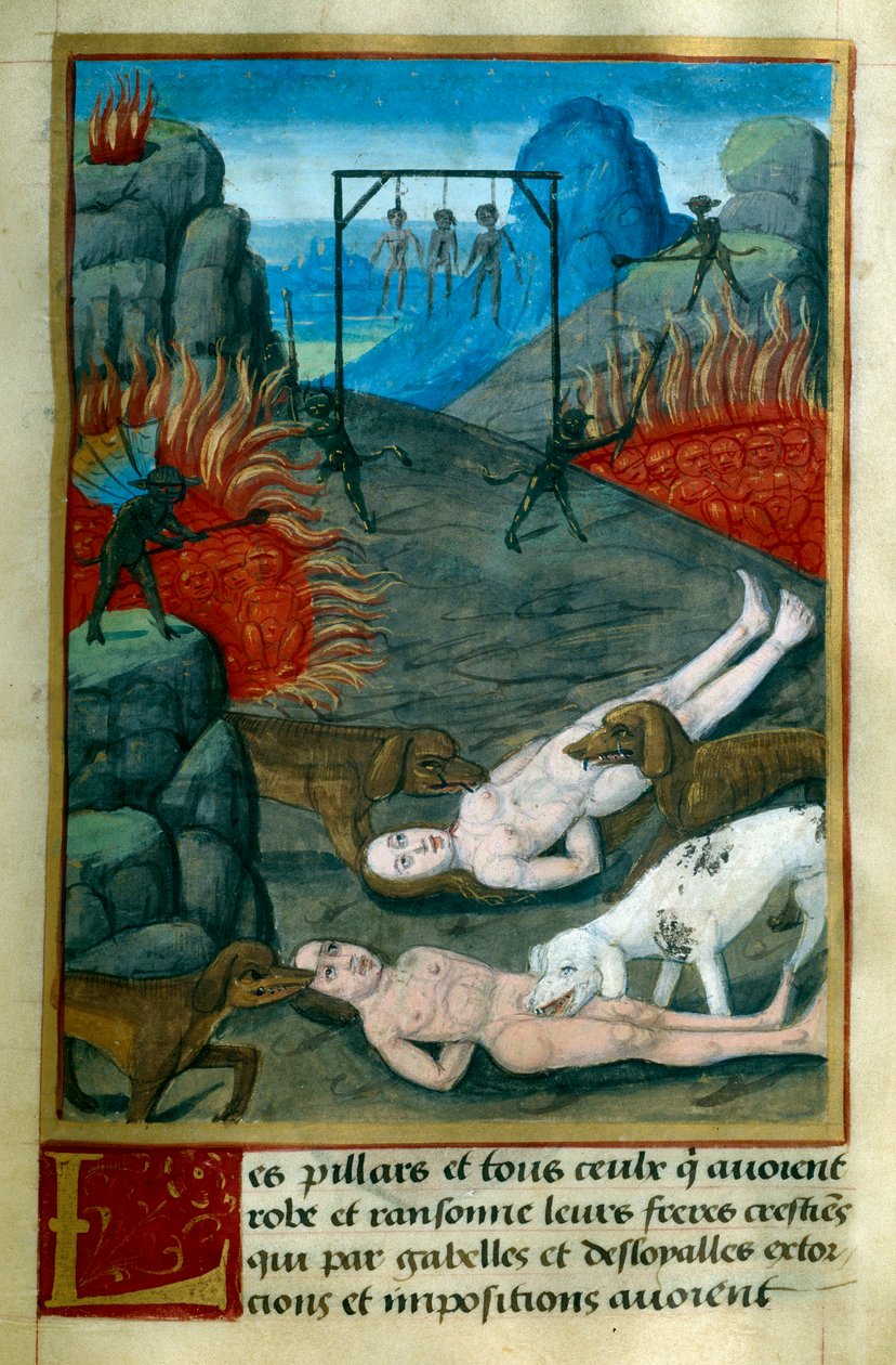 Kara zarezerwowana dla złodziei i szabrowników w piekle, są oni wieszani, paleni i pożerani przez psy. Miniatura z "Le Tresor de Sapience" autorstwa Jeana Gersona (1363-1429) XV wiek Chantilly, Musee Conde autorstwa French School