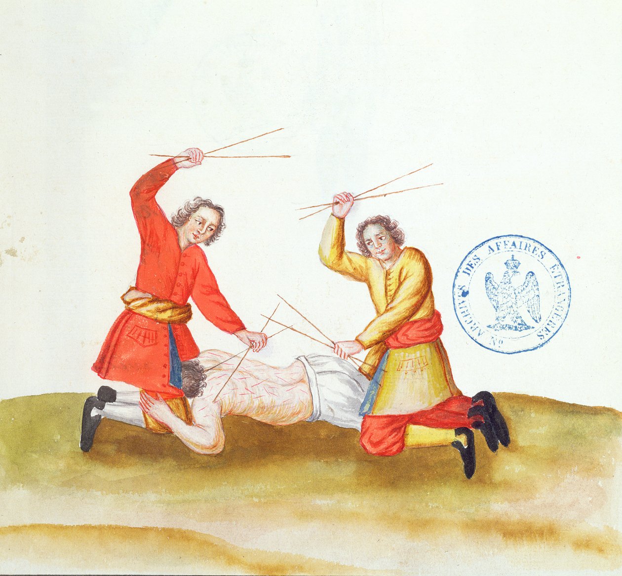 Kara za kije, z Voyage en Russie, 1731 (pióro i atrament oraz toaleta na papierze) autorstwa French School