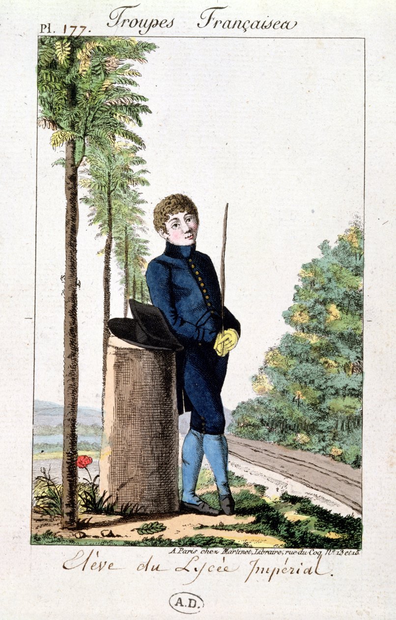 Uczeń liceum cesarskiego w Paryżu oparty o drzewo, tablica 177 z Troupes Francaises, ok. 1805-10 autorstwa French School