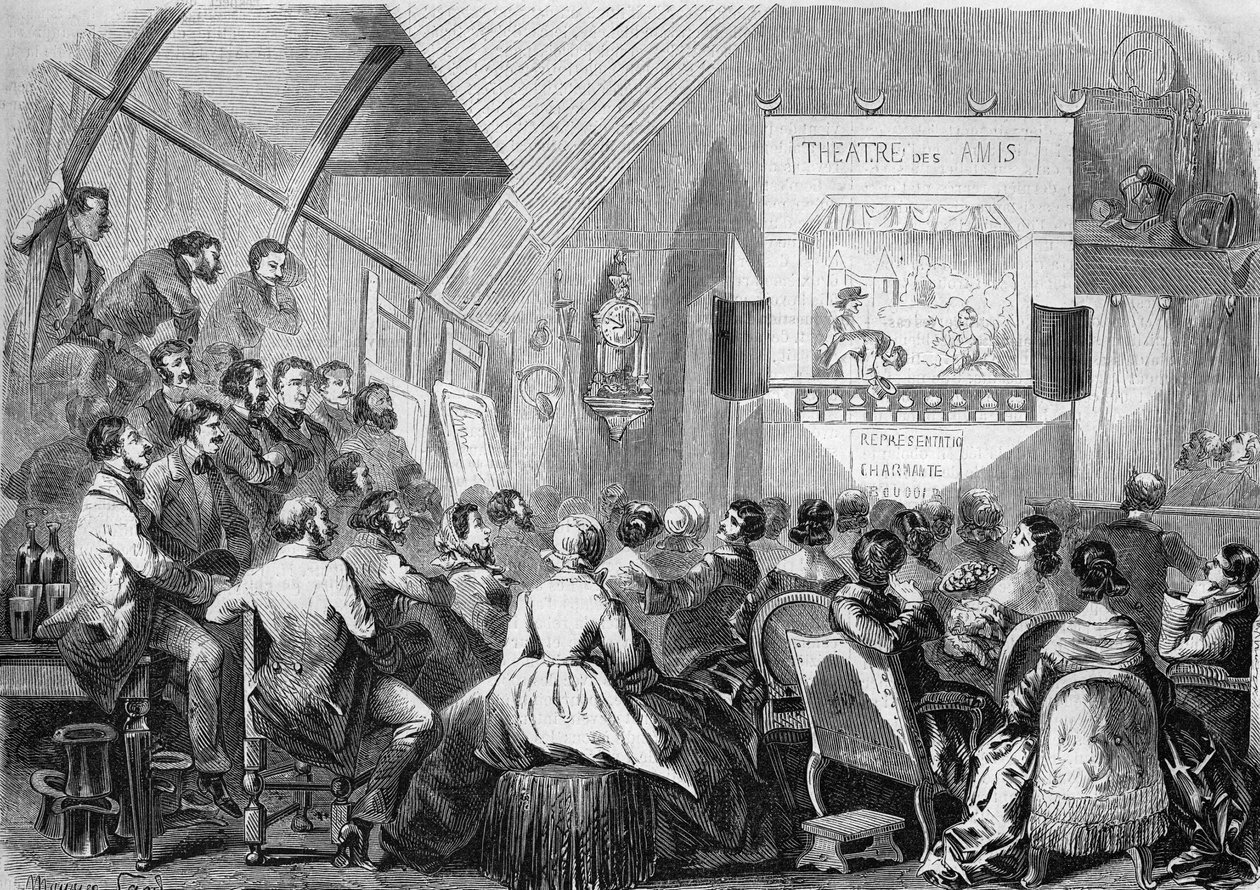 Teatr Lalek w 1858 r. Reprezentacja w warsztacie Maurice Sand (1823-1889) 12 rue Boursault w Paryżu. autorstwa French School