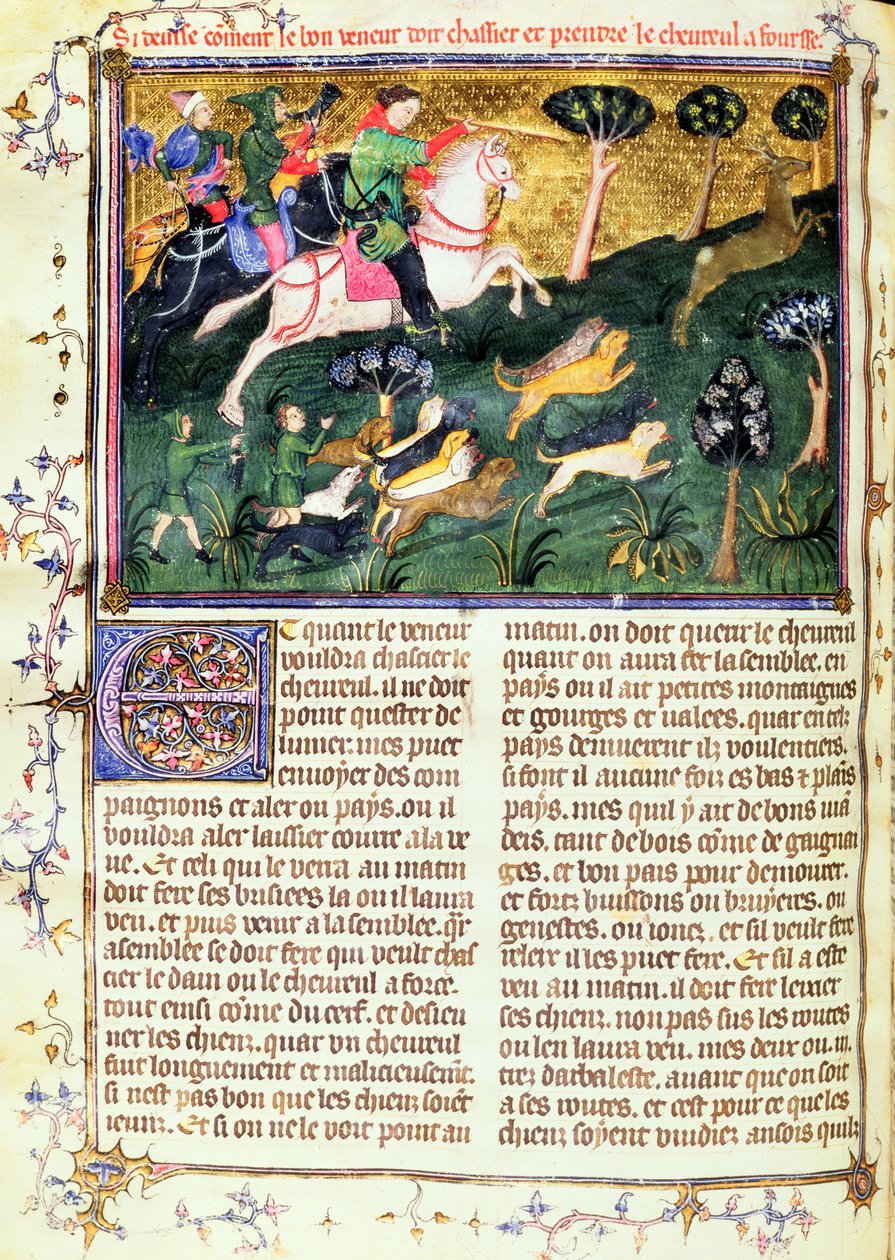 Pogoń za sarną, z Livre de la Chasse, oryginalny tekst Gastona III, hrabiego de Foix Phebus le Chasseur (1331-91) Awinion, 1387-89 (gwasz na pergaminie) autorstwa French School