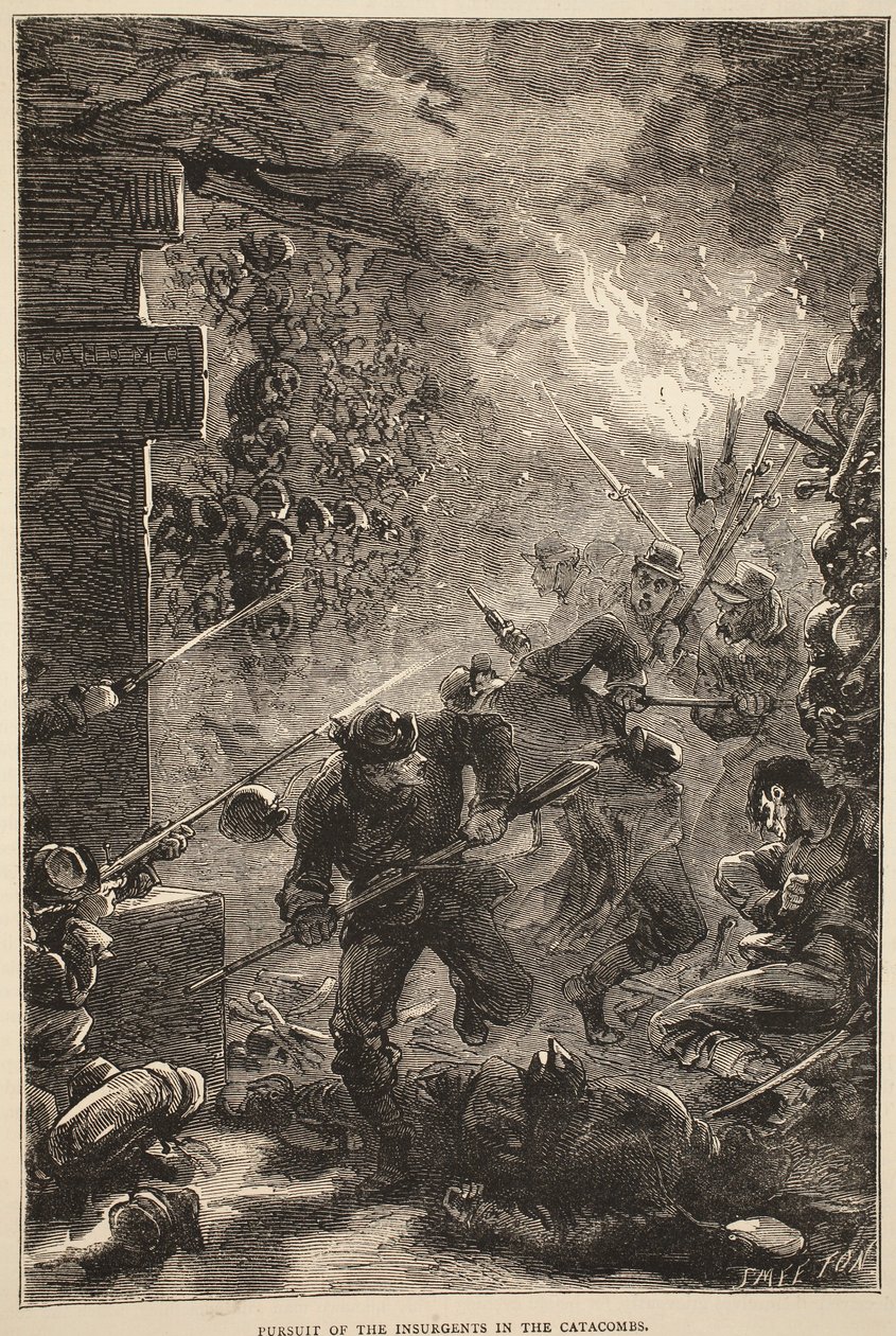 Pogoń za powstańcami w katakumbach, maj 1871, ilustracja z Historii wojny Cassells między Francją a Niemcami, 1870-1871 autorstwa French School
