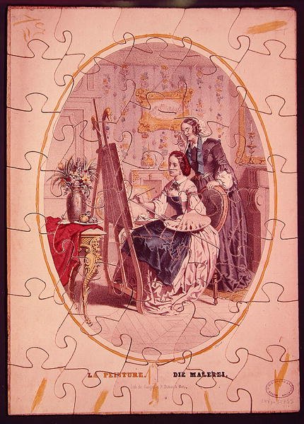 Puzzle przedstawiające kobietę malującą przy sztalugach, ok. 1840-50 (litografia barwna) autorstwa French School